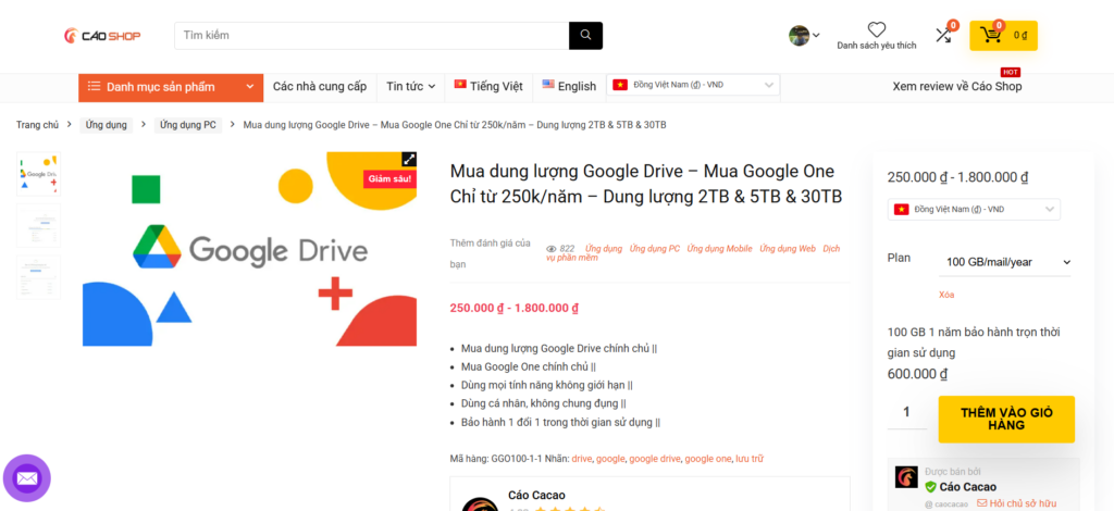 Nâng cấp Google One giá rẻ tại Shop Cáo Cacao